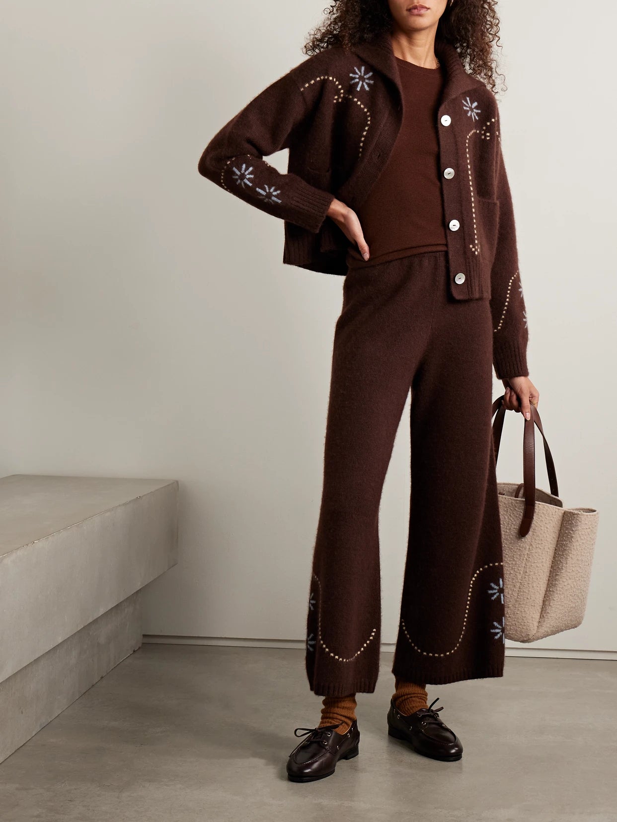 Image of a model wearing Outerwear. Product name - Intarsia-knit Cashmere Cardigan in Chocolate colour by brand - Calle Del Mar