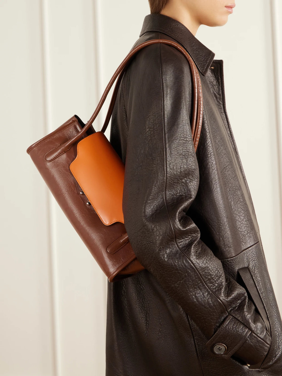 Image of Bags. Product name - Trunkette Two-tone Crinkled Leather Shoulder Bag in Brown, Tan colour by brand - Marni
