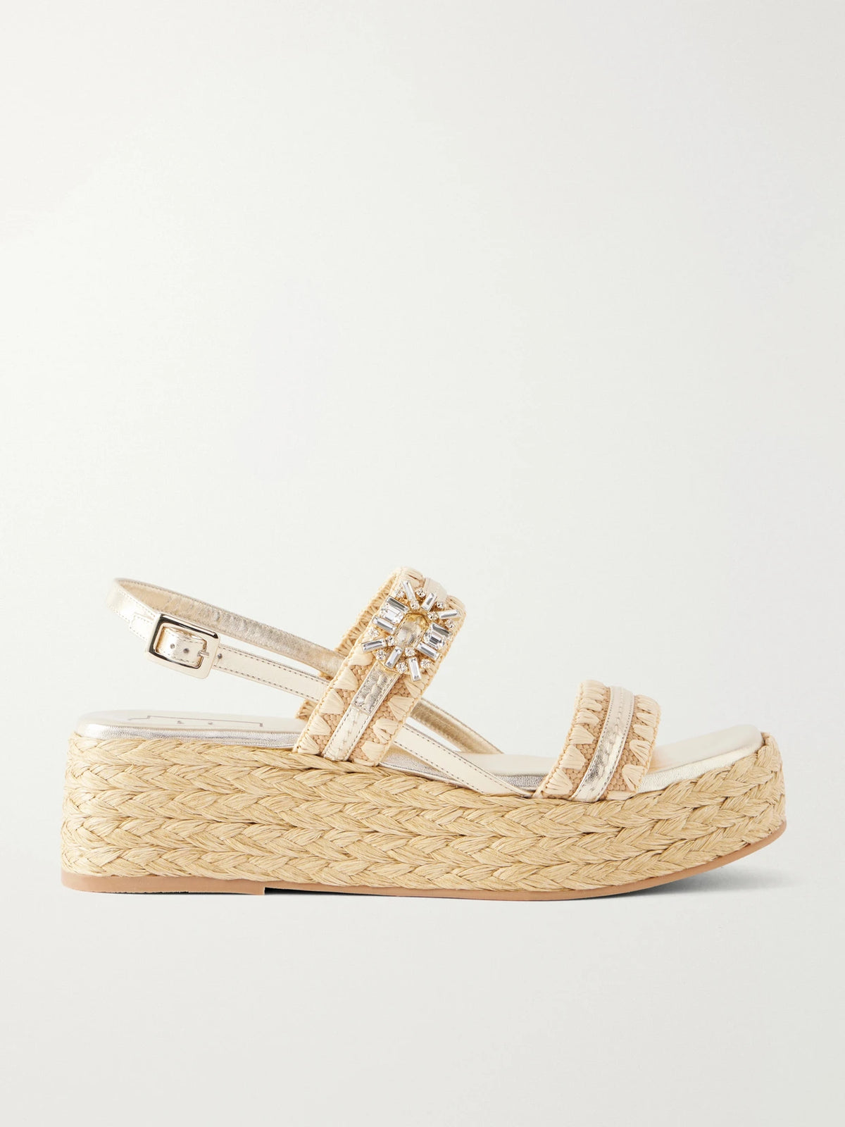Summer Embellished Metallic Leather-trimmed Woven Raffia Platform Sandals