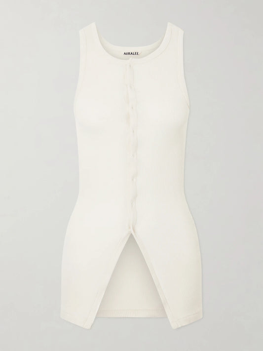 Image of a model wearing Tops. Product name - Ribbed-knit Cotton Tank in Ivory colour by brand - Auralee