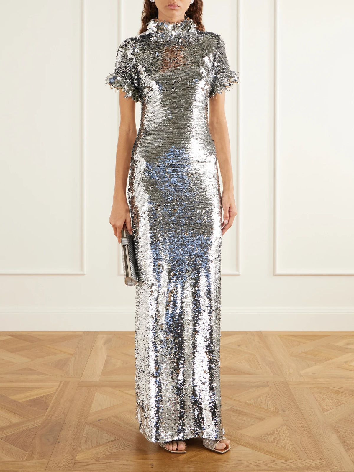 Image of Dresses. Product name - Bex Sequin-embellished Charmeuse Gown in Silver colour by brand - Brandon Maxwell