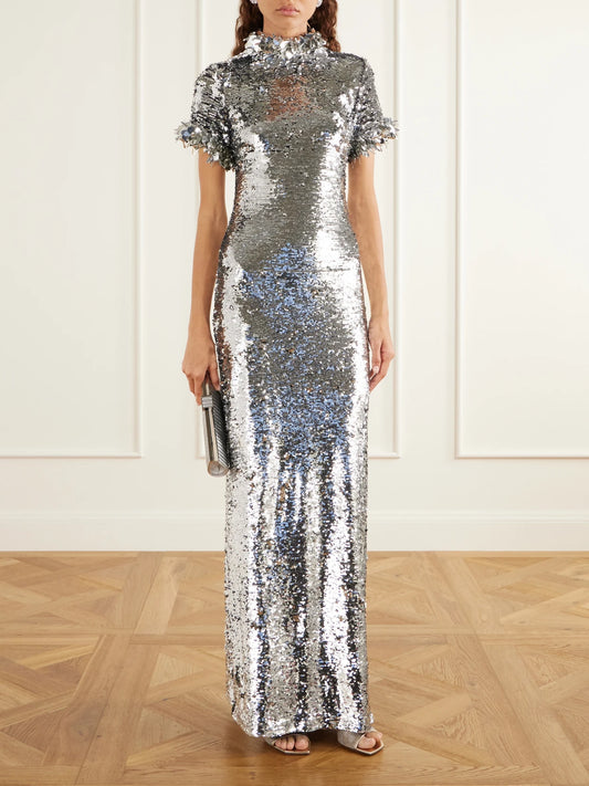 Image of Dresses. Product name - Bex Sequin-embellished Charmeuse Gown in Silver colour by brand - Brandon Maxwell