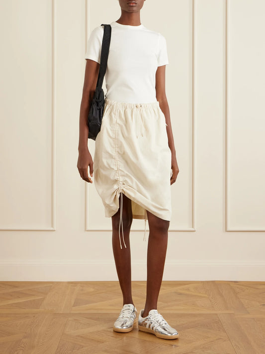 Image of a model wearing Tops. Product name - All-day Rib Lyocell And Cotton-blend T-shirt in Ivory colour by brand - ON