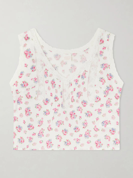 Image of a model wearing Tops. Product name - Simona Lace-trimmed Floral-print Cotton Top in Multi colour by brand - Loretta Caponi