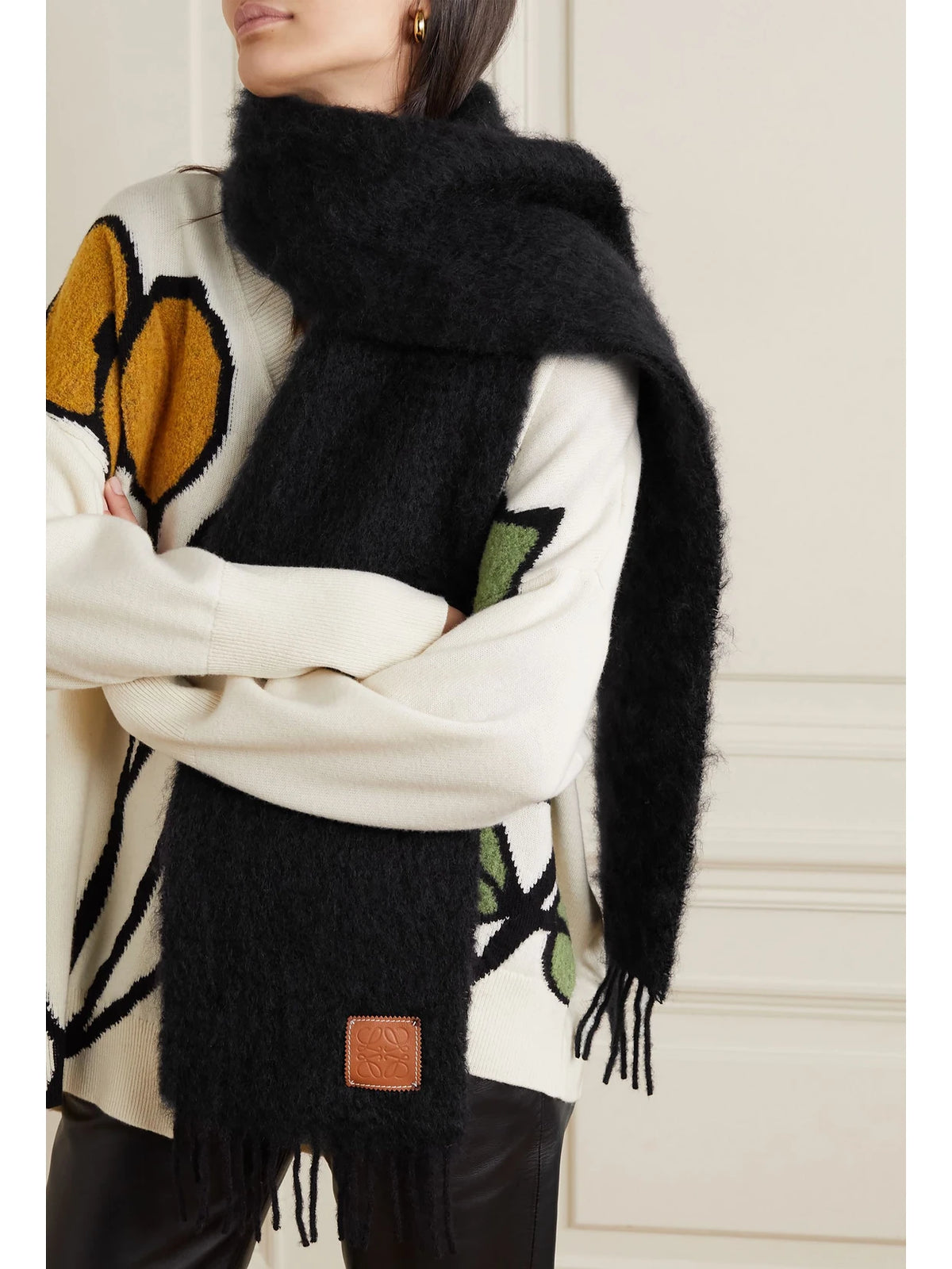 Image of Scarves & Shawls. Product name - Fringed Leather-trimmed Mohair-blend Scarf in Black colour by brand - LOEWE