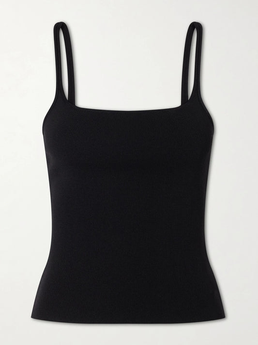 Image of a model wearing Tops. Product name - Rib-knitted Jersey Tank in Black colour by brand - ST. AGNI