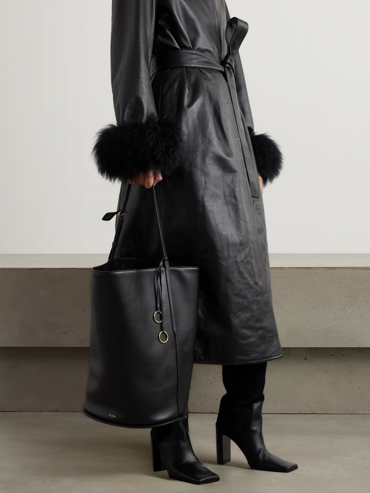 Image of Bags. Product name - Hip Large Leather Bucket Bag in Black colour by brand - Alaïa