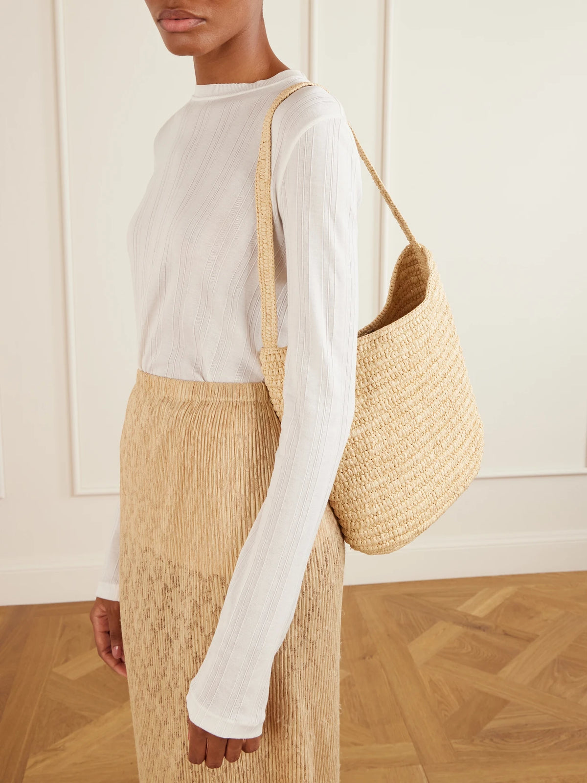 Image of Bags. Product name - Alma Leather-trimmed Raffia Tote in Beige colour by brand - The Row