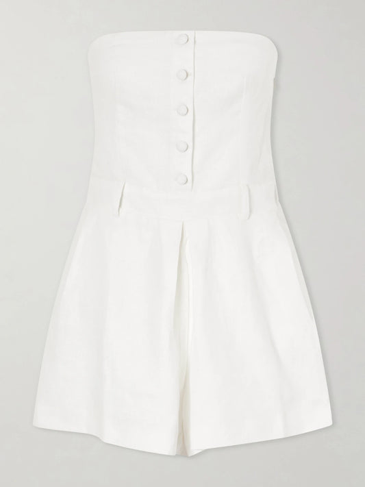 Image of Bodysuits. Product name - Amalie Strapless Pleated Linen Playsuit in White colour by brand - Faithfull