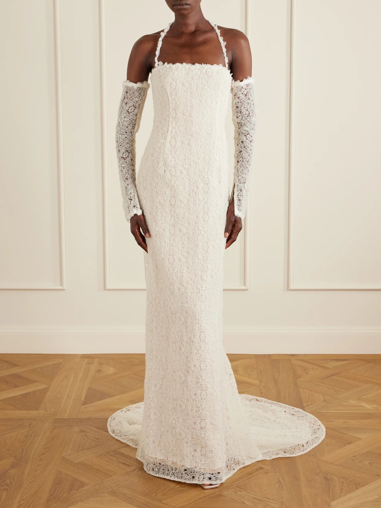 Image of Dresses. Product name - Evie Embroidered Tulle And Organza Gown in Off-white colour by brand - Danielle Frankel