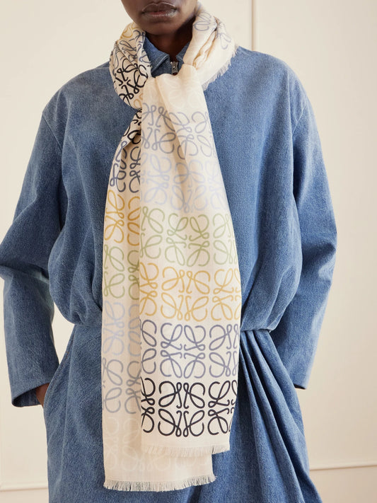 LOEWE Fringed Printed Wool, Silk And Cashmere-blend Scarf