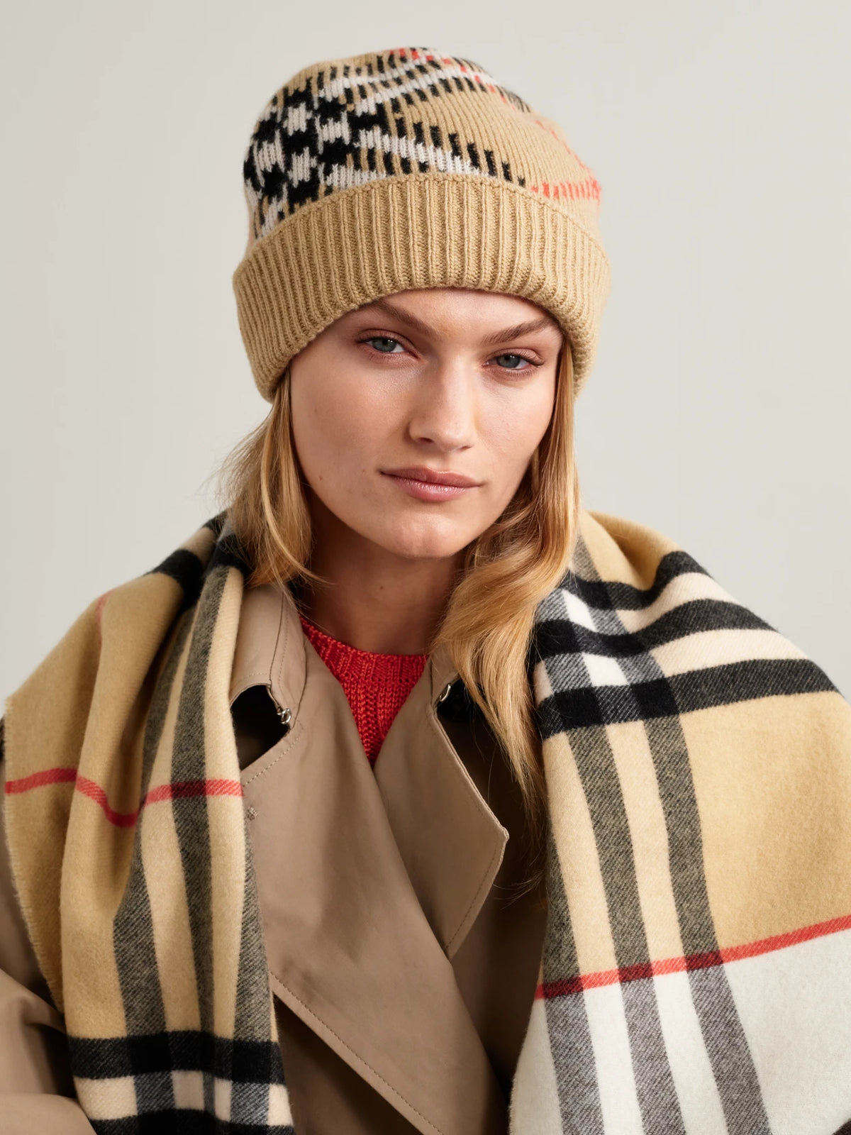 Image of Hats. Product name - Checked Ribbed Cashmere-blend Beanie in Sand colour by brand - Burberry