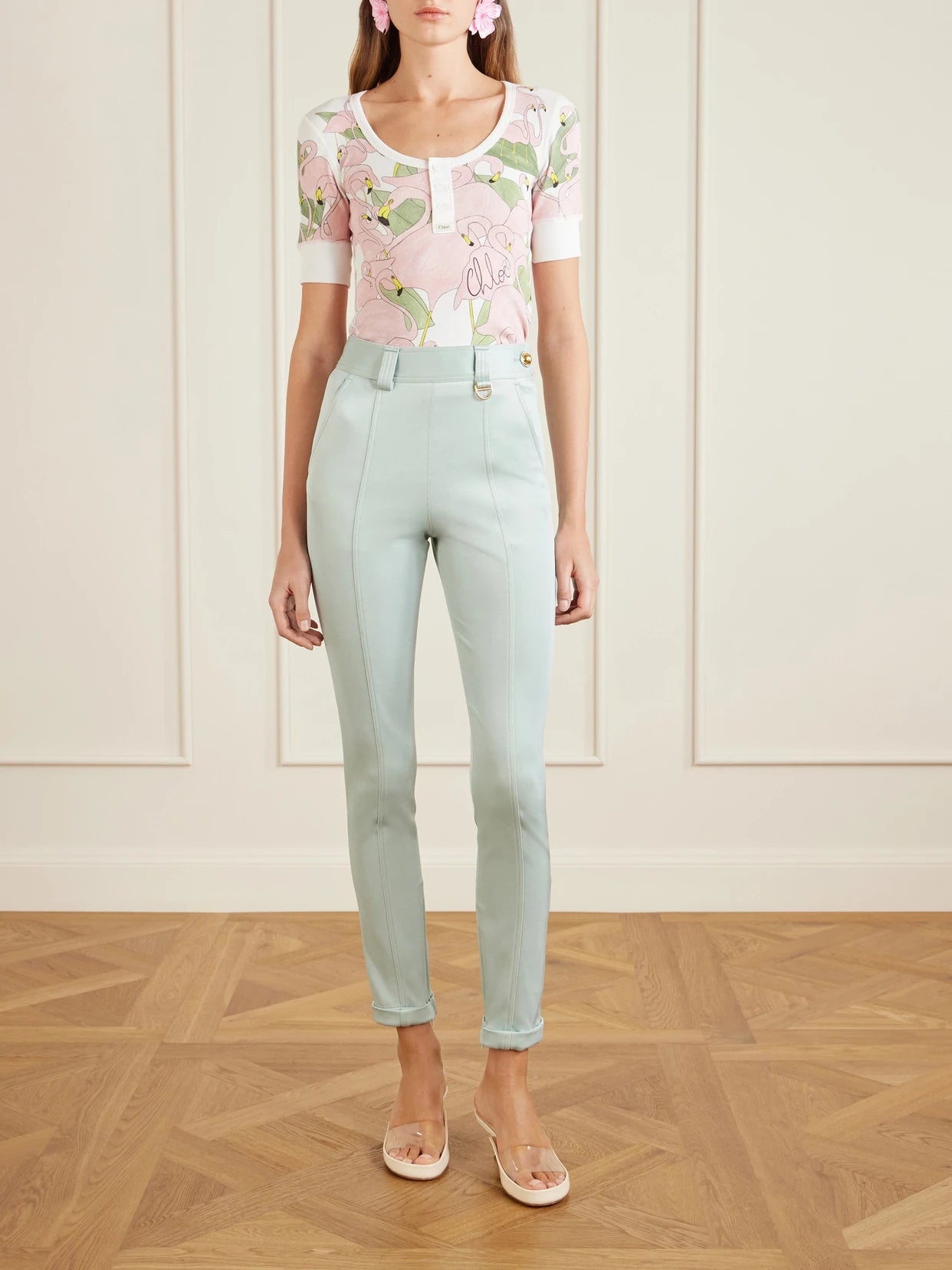 Image of a model wearing Pants. Product name - Cropped Satin-trimmed Stretch-jersey Leggings in Blue colour by brand - Chloé