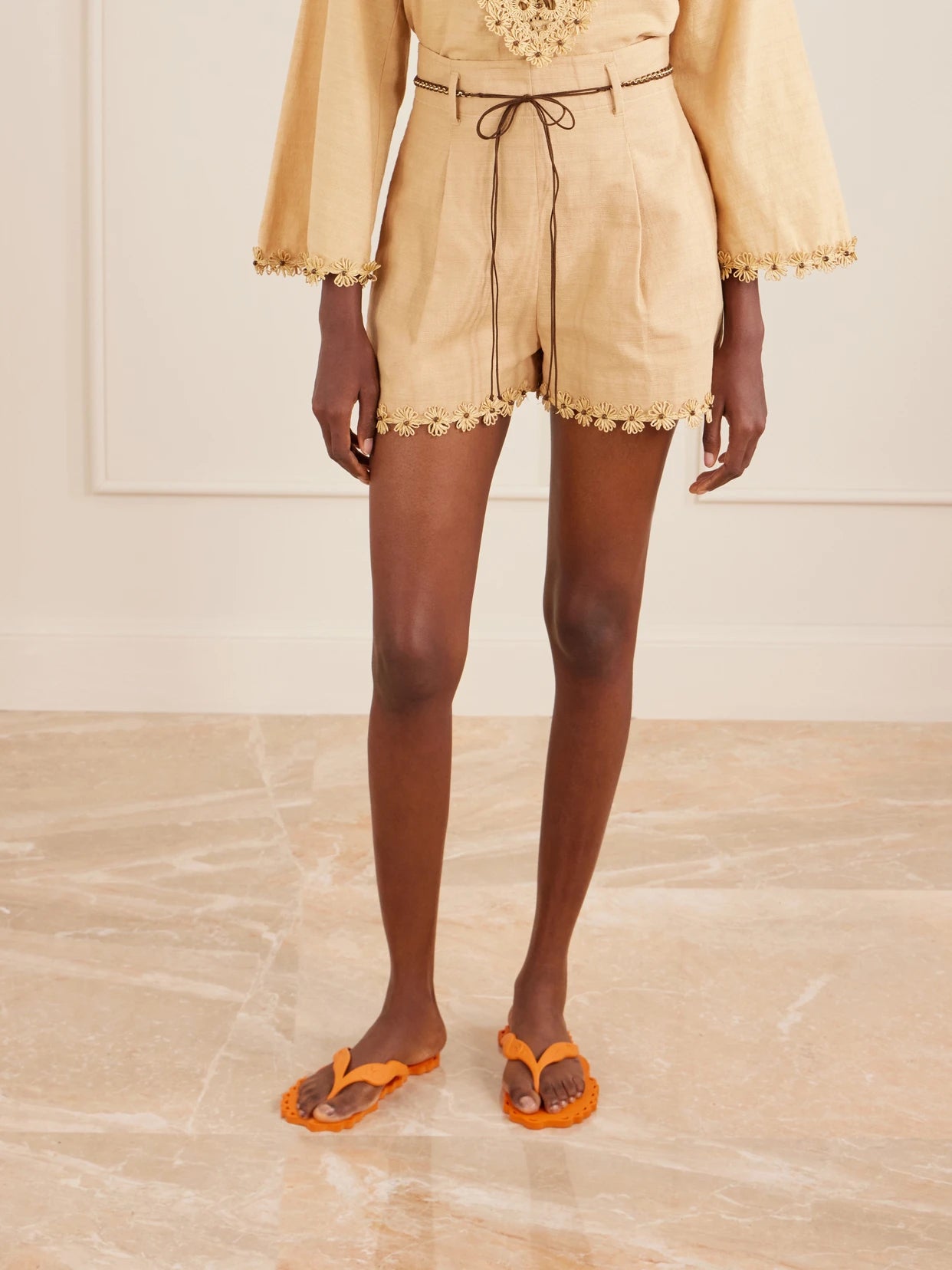 Mahon Flower Pleated Leather And Raffia-trimmed Cotton Shorts