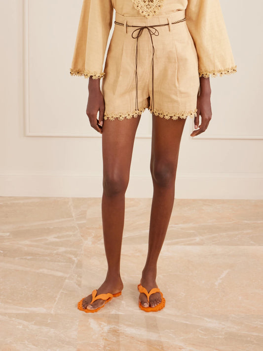 Mahon Flower Pleated Leather And Raffia-trimmed Cotton Shorts
