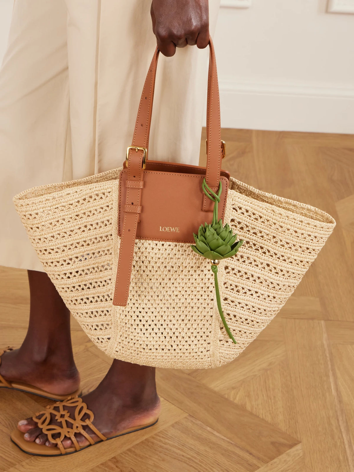 Image of Keychains. Product name - + Paula's Ibiza Artichoke Leather And Gold-tone Bag Charm in Leaf green colour by brand - LOEWE