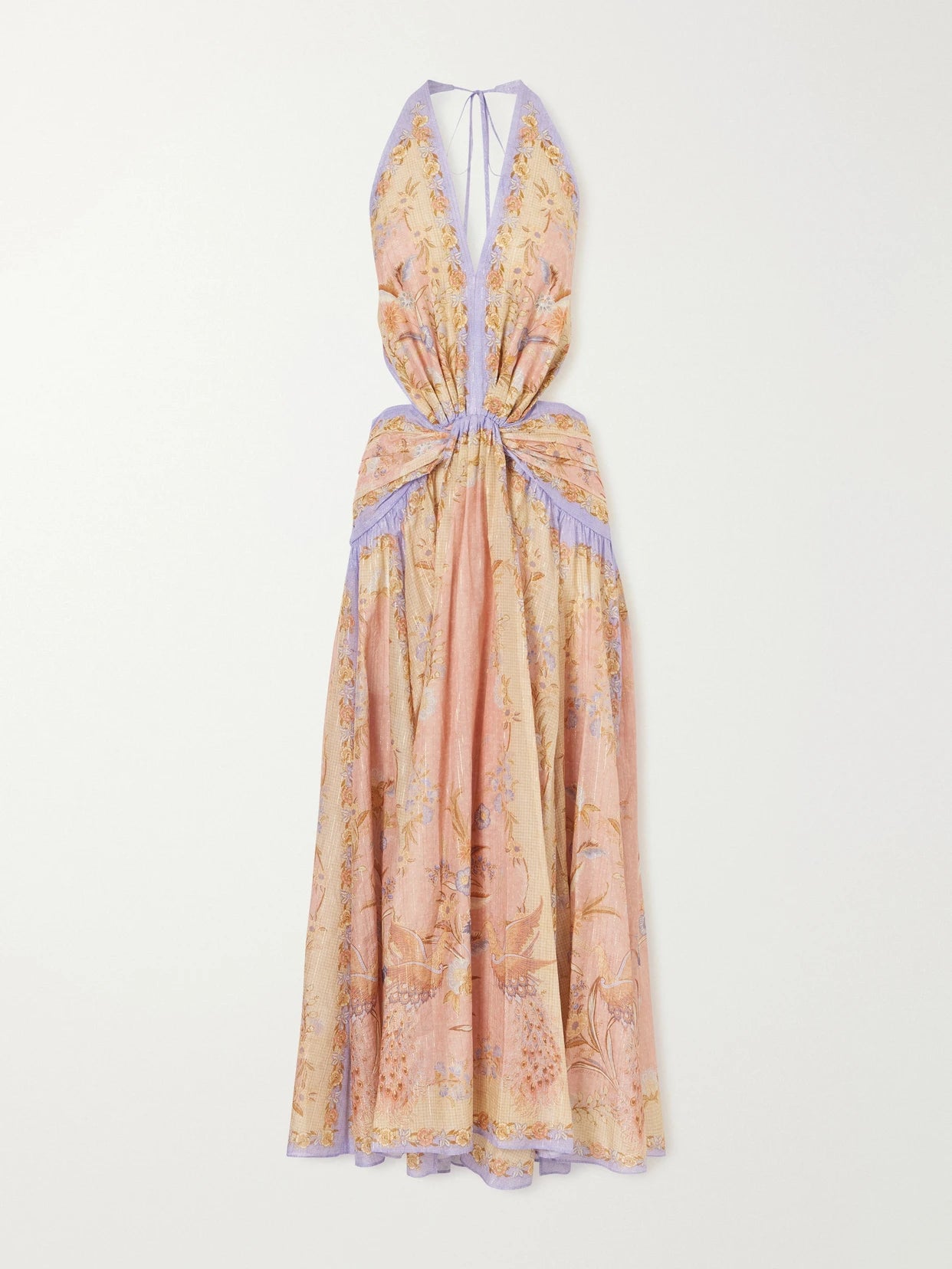 Indra Plunge Printed Metallic Cotton And Silk-blend Halterneck Maxi Dress