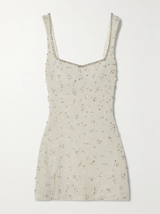 Image of Dresses. Product name - Embellished Stretch-tulle Mini Dress in Ivory colour by brand - Clio Peppiatt