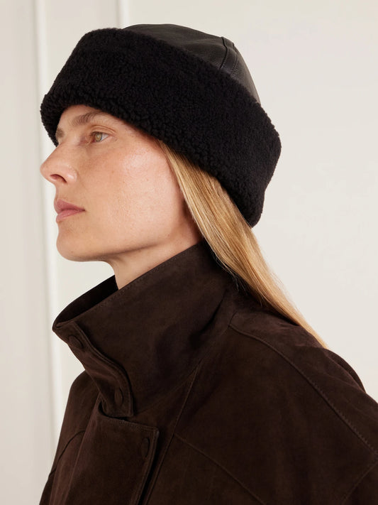 Image of Hats. Product name - Dallen Shearling-trimmed Leather Beanie in Brown colour by brand - Nour Hammour