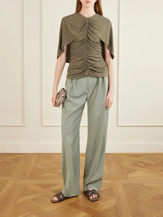 Image of a model wearing Tops. Product name - Emme Cape-effect Gathered Jersey Top in Gray green colour by brand - KALLMEYER