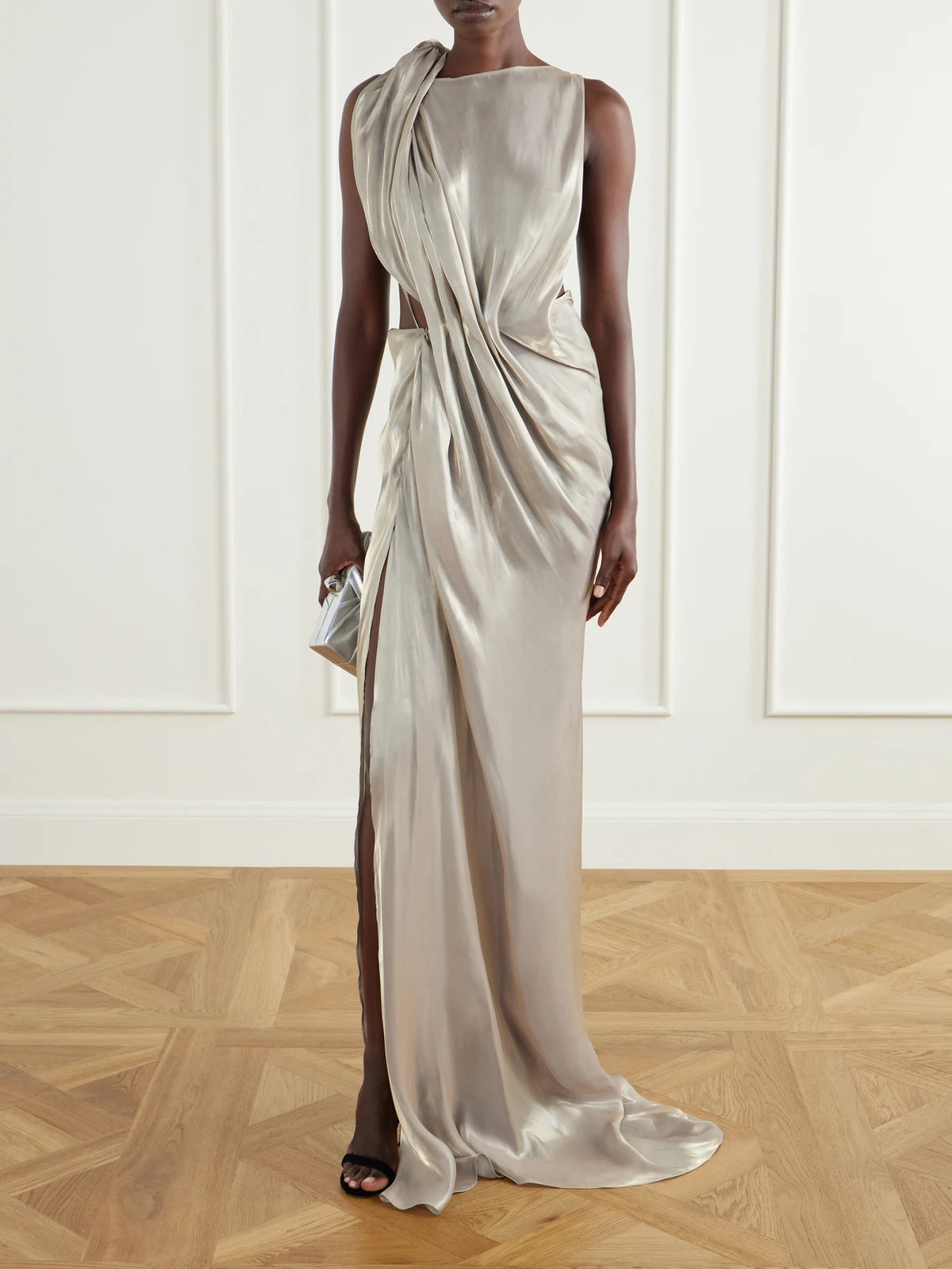 Image of Dresses. Product name - Glow Up Draped Metallic-satin Gown in Silver colour by brand - Maticevski