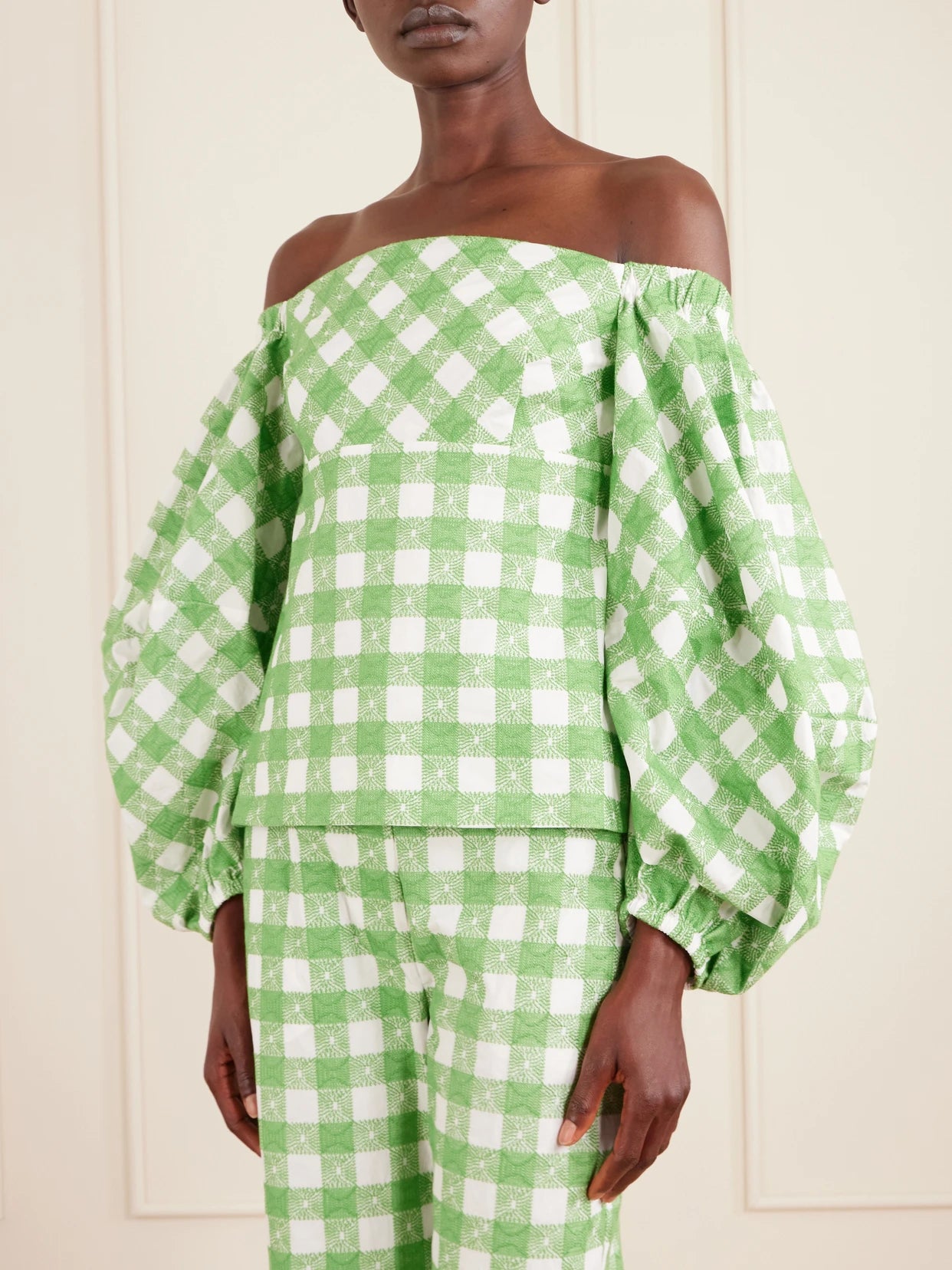 Empire Balloon Off-the-shoulder Checked Cotton Blouse