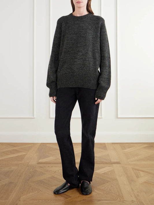 Image of a model wearing Outerwear. Product name - Quellin Mouliné Cashmere Sweater in Gray green colour by brand - The Row