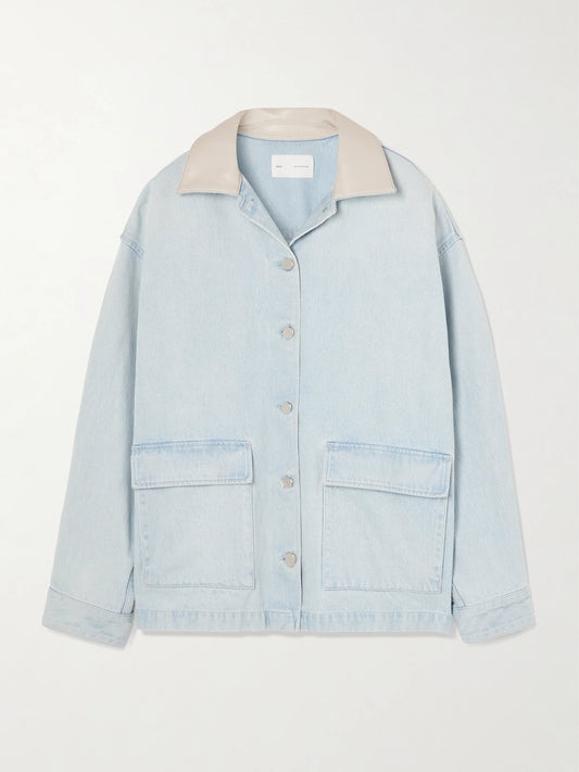 Image of Coats & Jackets. Product name - + Maria Mcmanus Oversized Leather-trimmed Denim Jacket in Light denim colour by brand - AGOLDE