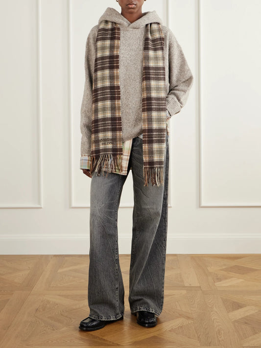 Image of Scarves & Shawls. Product name - Logo-embroidered Fringed Checked Cashmere And Wool-blend Scarf in Army green colour by brand - Acne Studios