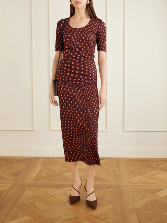 Image of a model wearing Tops. Product name - Gathered Polka-dot Mesh T-shirt in Burgundy colour by brand - Stella McCartney
