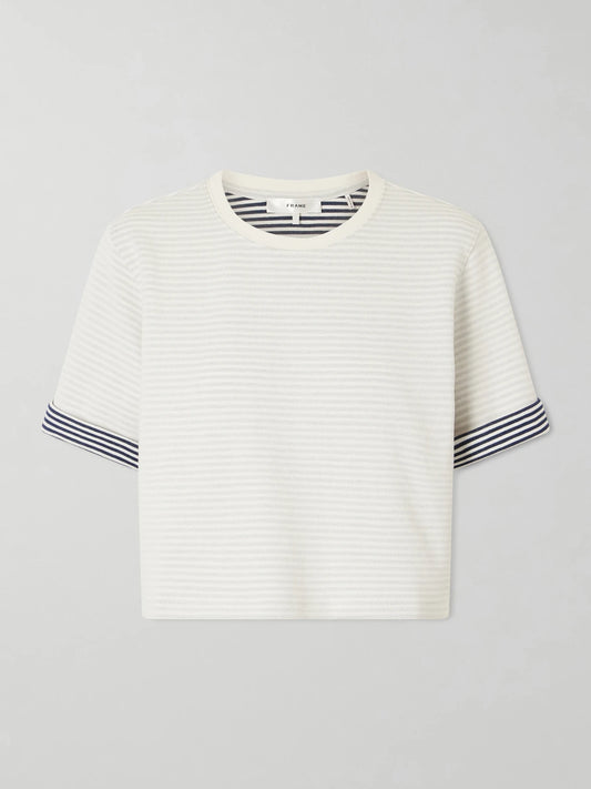 Image of a model wearing Tops. Product name - Striped Cuff Pima Cotton T-shirt in Cream colour by brand - FRAME