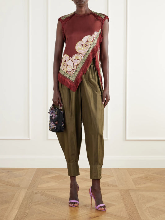 Image of a model wearing Tops. Product name - Scarf Asymmetric Printed Fringe-trimmed Silk-twill Blouse in Burgundy colour by brand - La DoubleJ