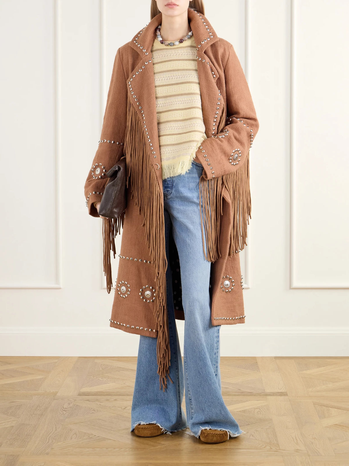 Image of Coats & Jackets. Product name - Petunia Studded Fringe-trimmed Cotton-gauze Coat in Tan colour by brand - ALIX OF BOHEMIA