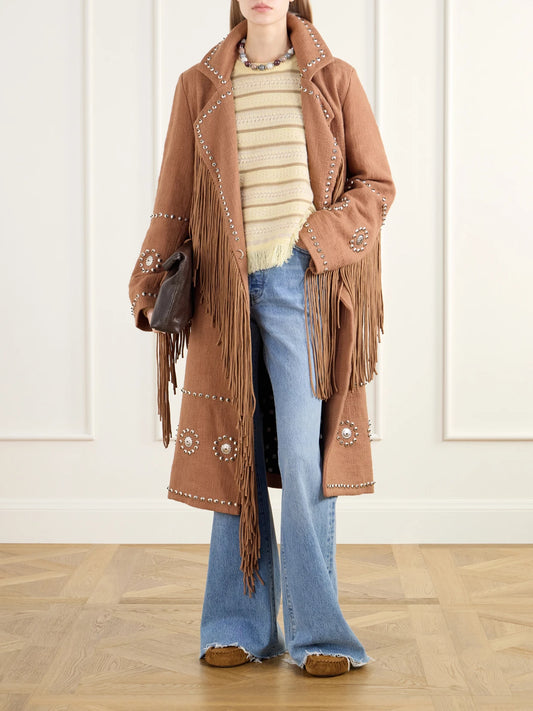 Image of Coats & Jackets. Product name - Petunia Studded Fringe-trimmed Cotton-gauze Coat in Tan colour by brand - ALIX OF BOHEMIA