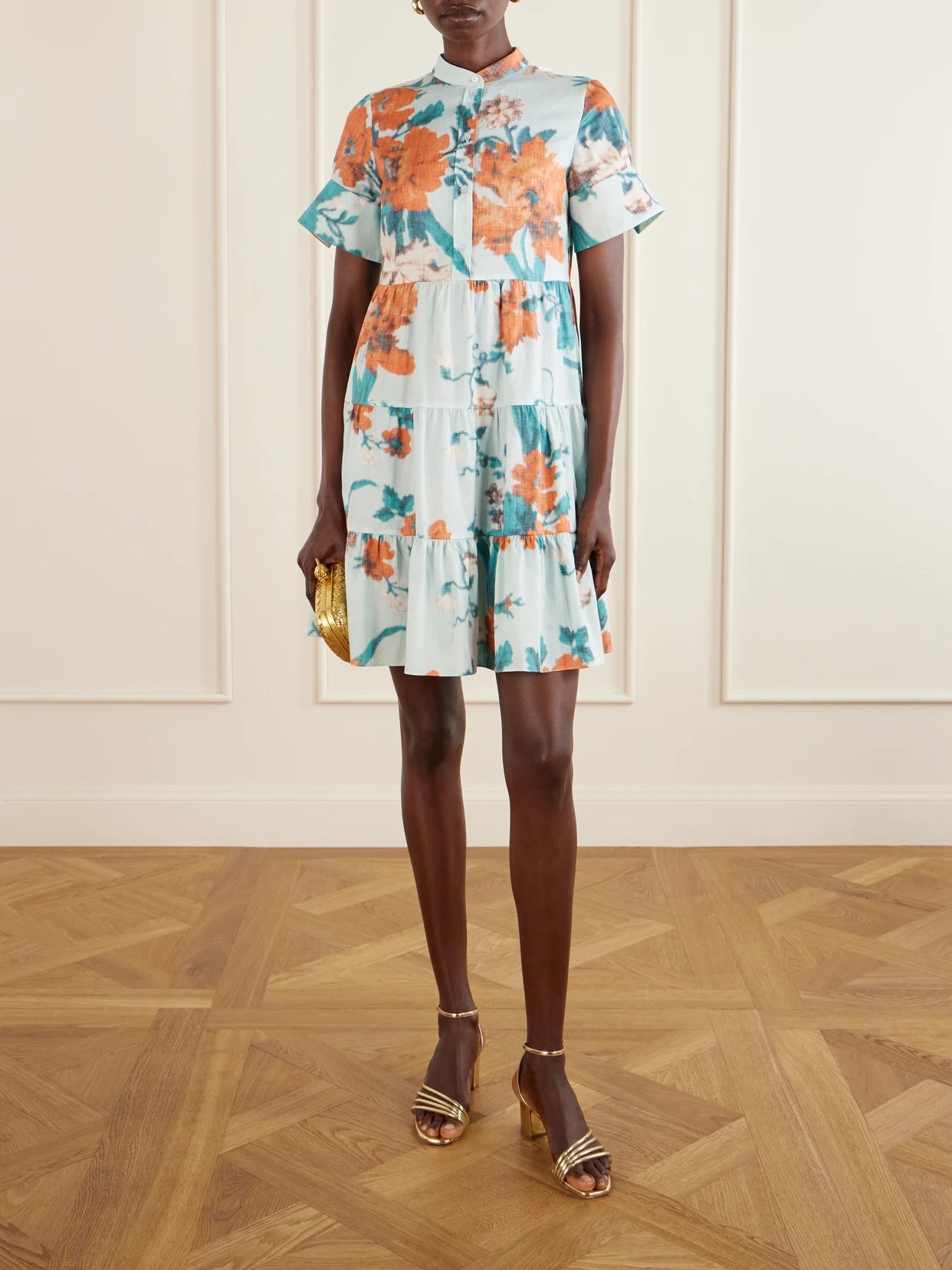 Image of Dresses. Product name - Tiered Floral-print Cotton Mini Dress in Blue colour by brand - Erdem