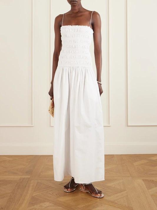 Image of Dresses. Product name - Shirred Organic Cotton Midi Dress in White colour by brand - Matteau