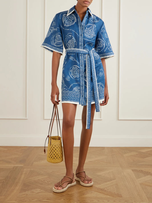 Image of Dresses. Product name - Lucky Belted Printed Linen Mini Dress in Blue colour by brand - ALÉMAIS