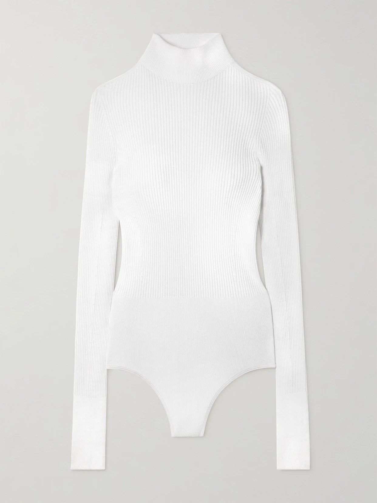 Image of a model wearing Tops. Product name - Ribbed-knit Turtleneck Bodysuit in White colour by brand - Alaïa