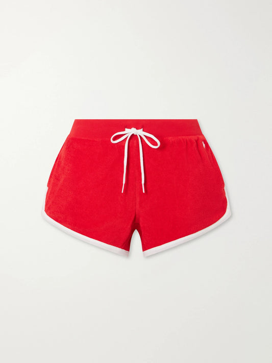 Image of a model wearing Shorts. Product name - Cotton-blend Terry Shorts in Red colour by brand - Polo Ralph Lauren