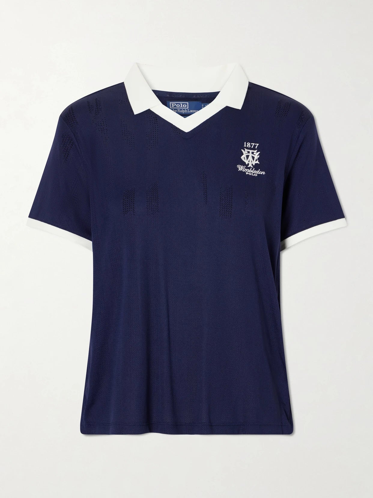 Image of a model wearing Outerwear. Product name - + Wimbledon Logo-embroidered Knit Polo Shirt in Navy colour by brand - Polo Ralph Lauren