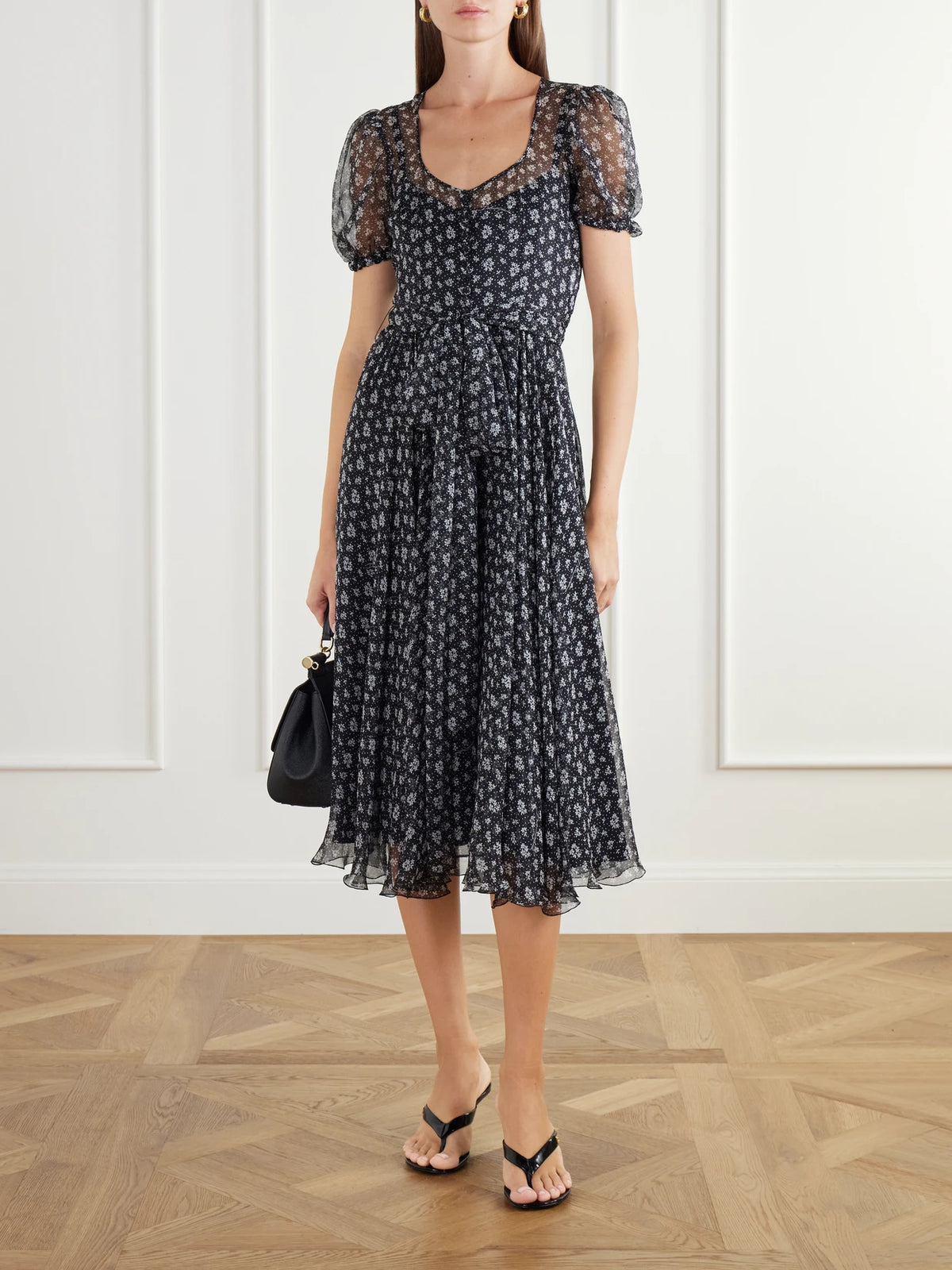 Image of Dresses. Product name - Tie-detailed Floral-print Silk-blend Georgette Midi Dress in Black colour by brand - Dolce & Gabbana