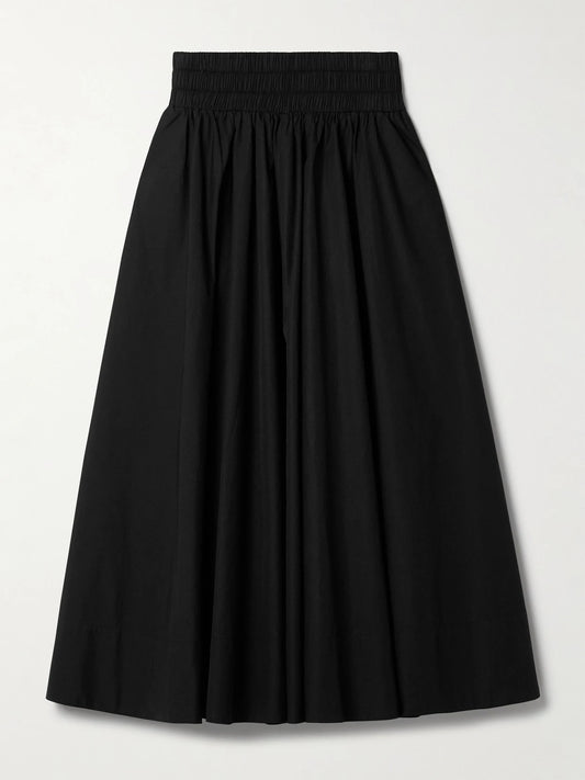 Image of a model wearing Skirts. Product name - The Kyria Gathered Cotton-poplin Midi Skirt in Black colour by brand - Suzie Kondi