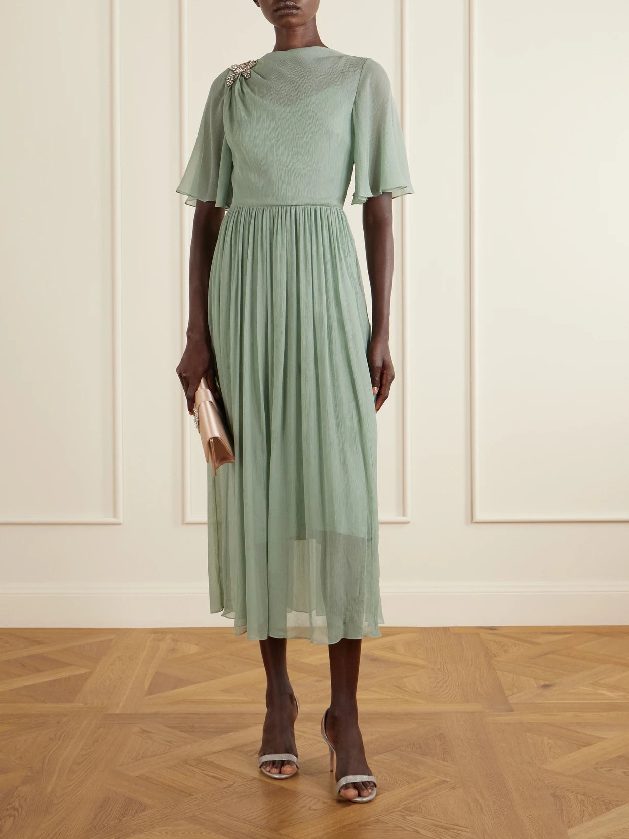 Image of Dresses. Product name - Crystal-embellished Silk Midi Dress in Sage green colour by brand - Erdem