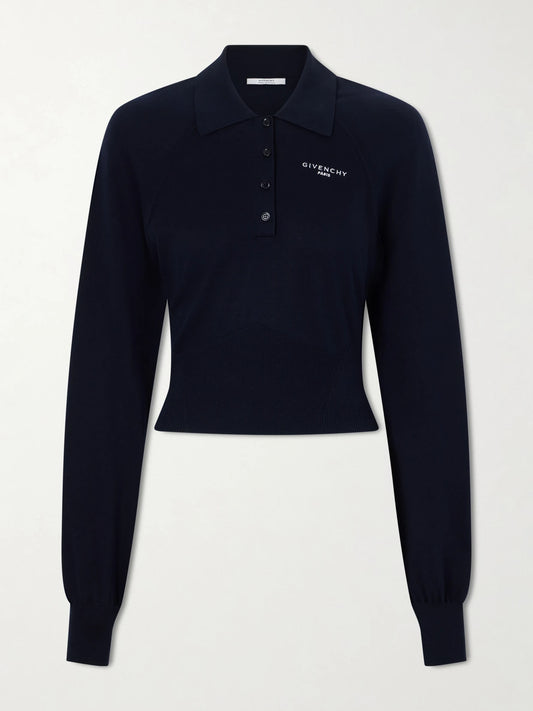 Image of a model wearing Outerwear. Product name - Logo-embroidered Cotton And Silk-blend Polo Sweater in Navy colour by brand - Givenchy