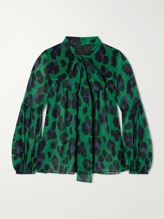 Image of Blouses. Product name - Knotted Gathered Leopard-print Georgette Blouse in Emerald colour by brand - Anna Sui