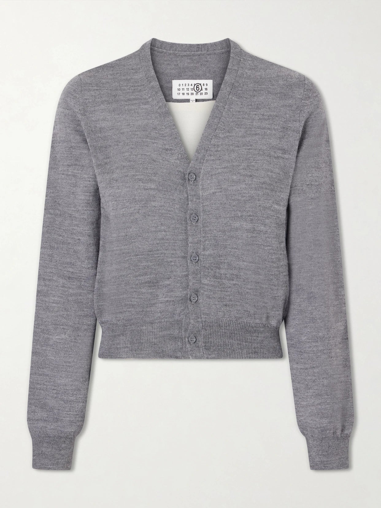 Image of a model wearing Outerwear. Product name - Wool-blend Cardigan in Gray colour by brand - MM6 MAISON MARGIELA