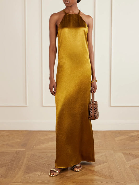 Image of Dresses. Product name - The Martha Satin Maxi Dress in Gold colour by brand - Giuliva Heritage