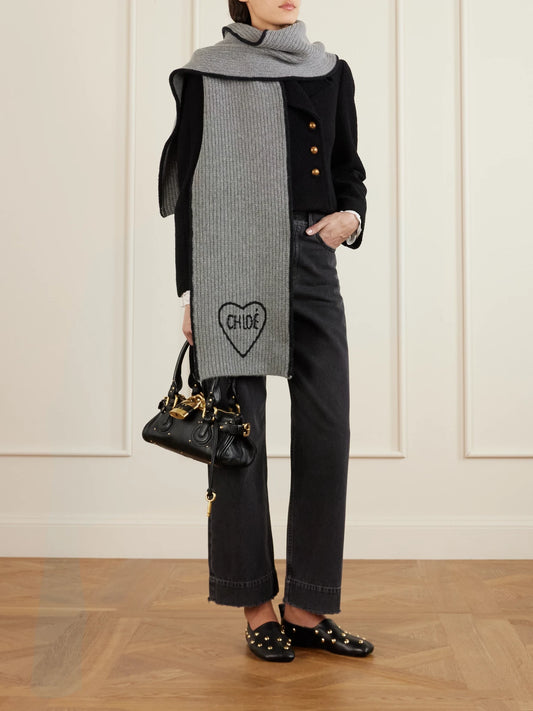 Image of Scarves & Shawls. Product name - Embroidered Ribbed Wool And Cashmere-blend Scarf in Gray colour by brand - Chloé