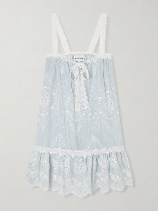 Image of Dresses. Product name - Havana Bow-detailed Embroidered Silk-blend Voile Mini Dress in Blue colour by brand - Miguelina