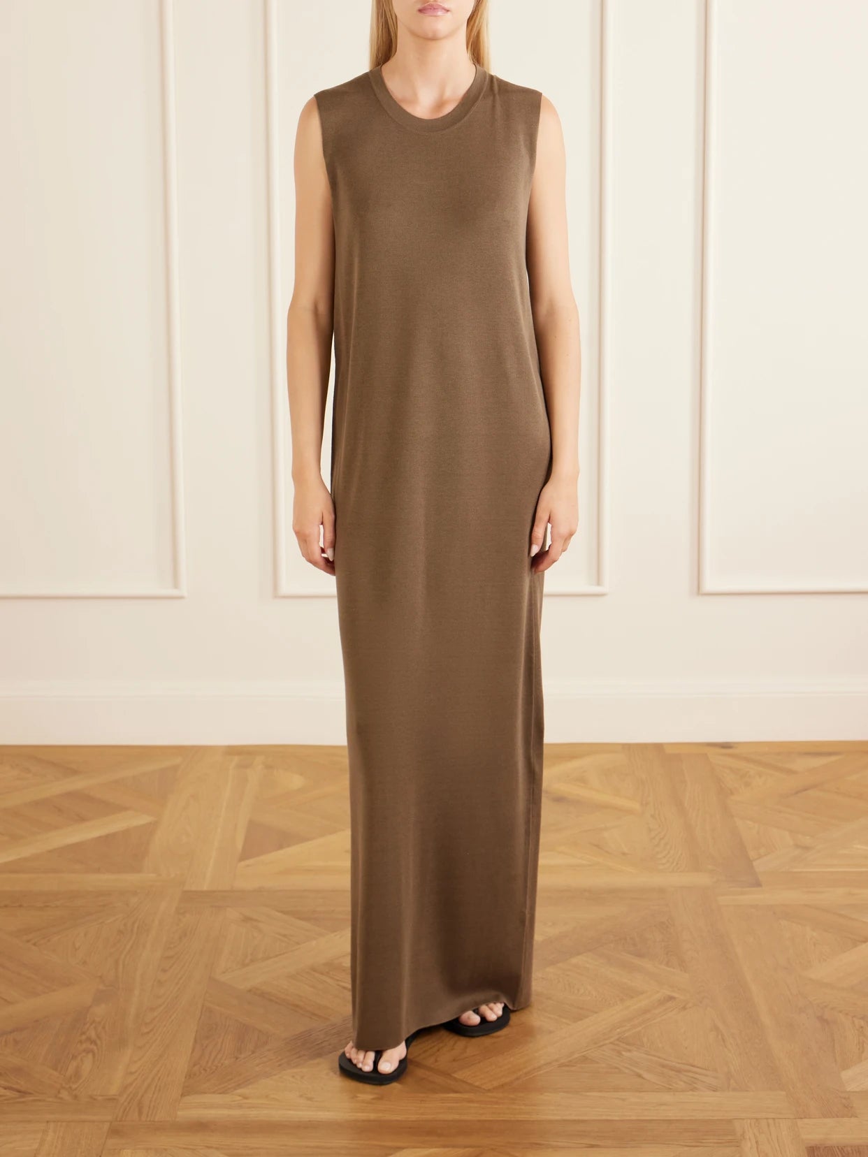 Image of Dresses. Product name - Oiva Silk Maxi Dress in Dark brown colour by brand - The Row